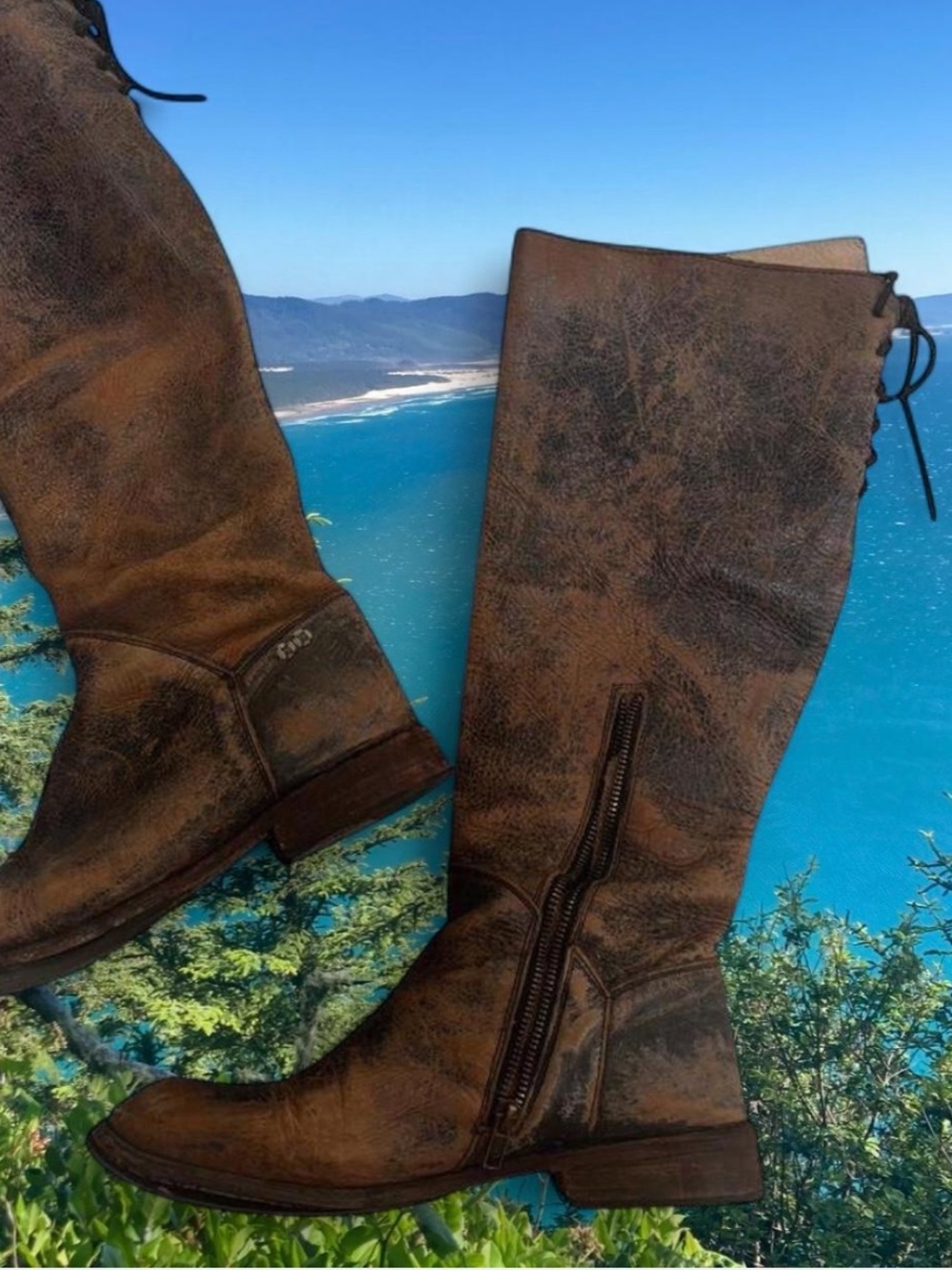 BED|STU Distressed Brown Leather Knee-High Heeled Boots